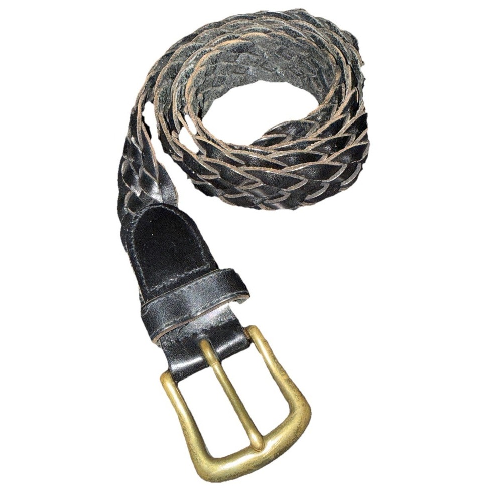 Black Leather Belt Mens 38 Braided Woven Brass Buckle Casual Classic Rugged VTG